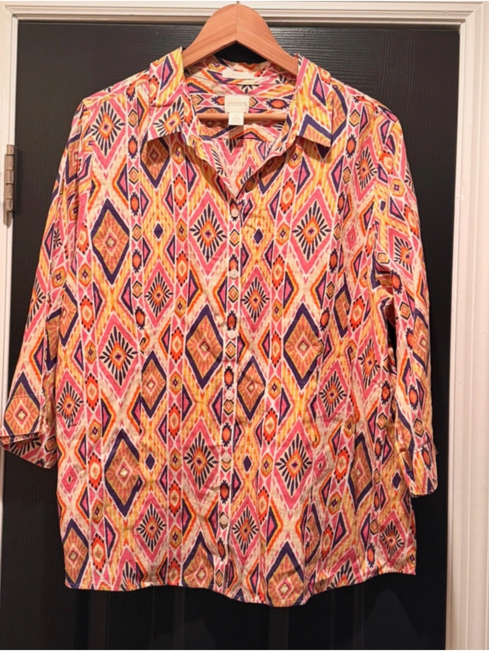 Chico's Multicolor 100% Linen Aztec-Print Button Down Shirt Non-Iron 3/4 Sleeve